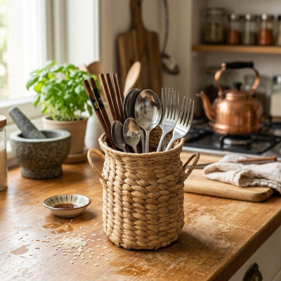 Handwoven Water Hyacinth Utensil Holder