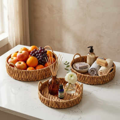 Natural Water Hyacinth Round Serving and Storage Tray